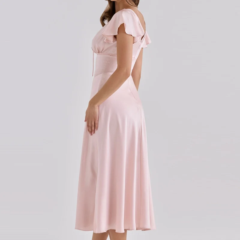 Women White Solid Midi Dress New V‑Neck Ruffle Short Sleeve Front Bow Tie A‑Line Flowy Dress Elegant Wedding Guest Party Dresses