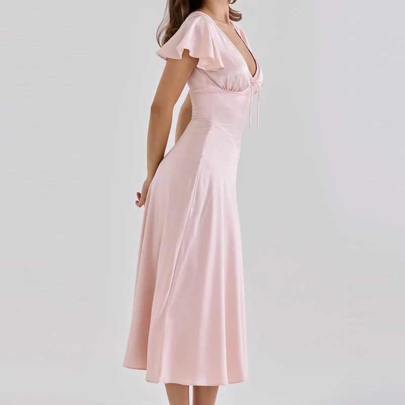 Women White Solid Midi Dress New V‑Neck Ruffle Short Sleeve Front Bow Tie A‑Line Flowy Dress Elegant Wedding Guest Party Dresses