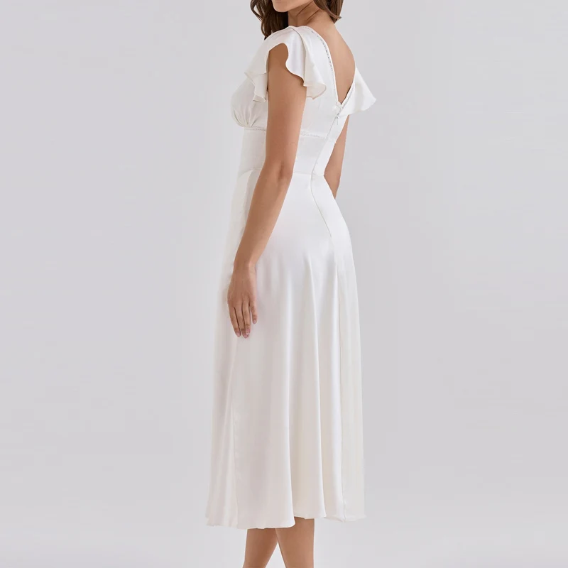 Women White Solid Midi Dress New V‑Neck Ruffle Short Sleeve Front Bow Tie A‑Line Flowy Dress Elegant Wedding Guest Party Dresses