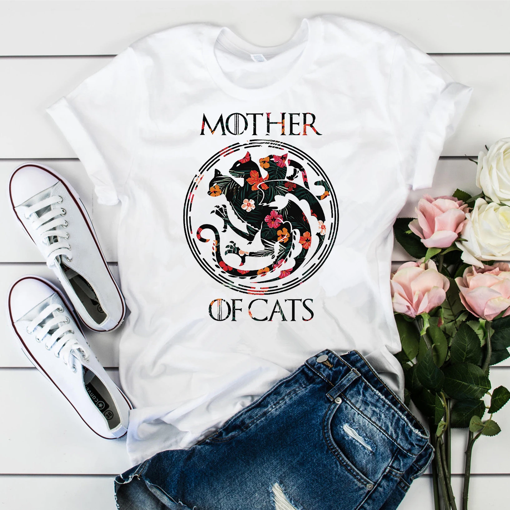 2020 Mother Of Cats Shirt Floral GOT T-Shirt Cute Floral Cat tshirt Cat Lover Tees