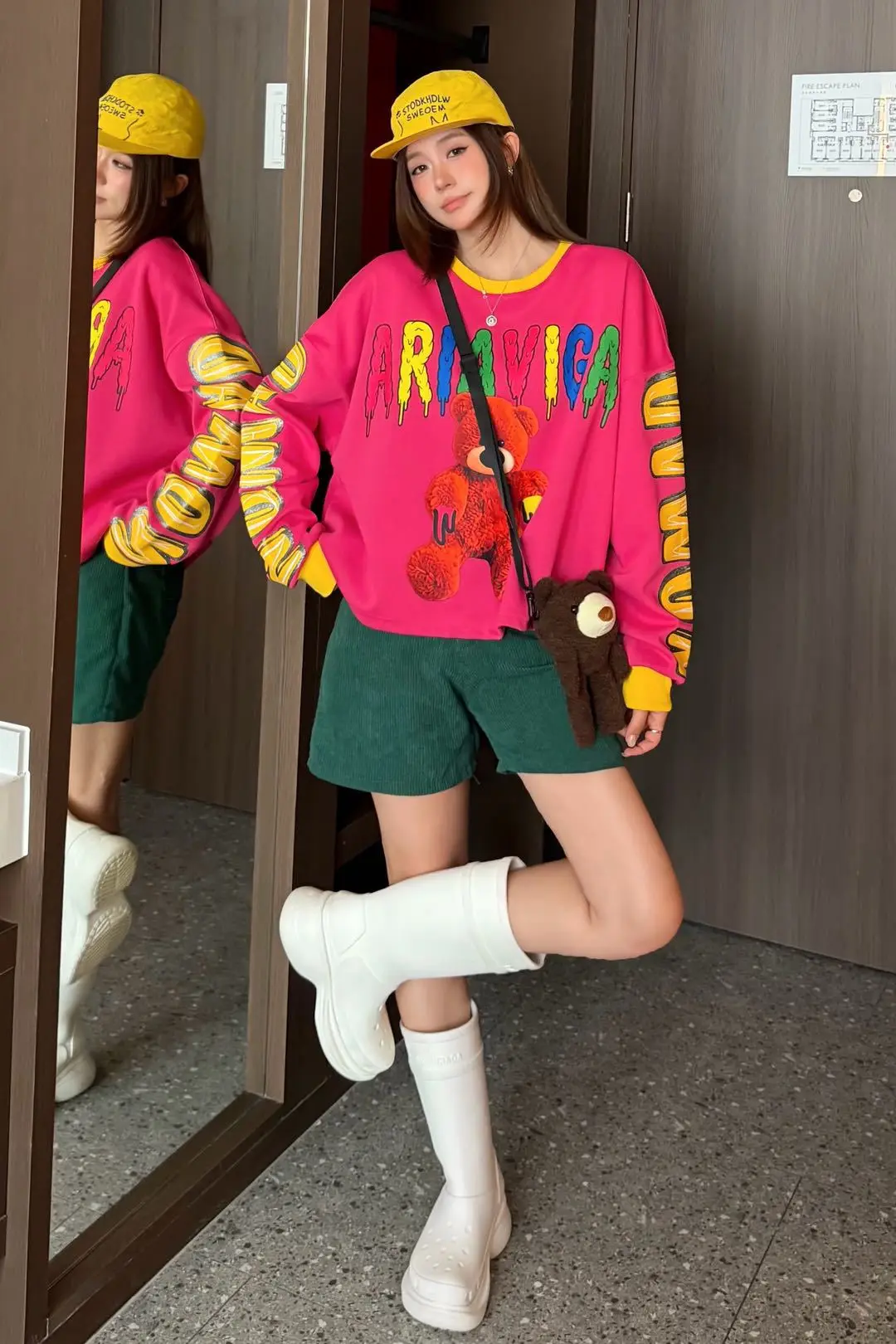 Cartoon Bear Print Oversized Pullovers Sweatshirts Woman 2026 Autumn Japanese Korean Fashion O Neck Tops Y2k Bust140cm Outwwears