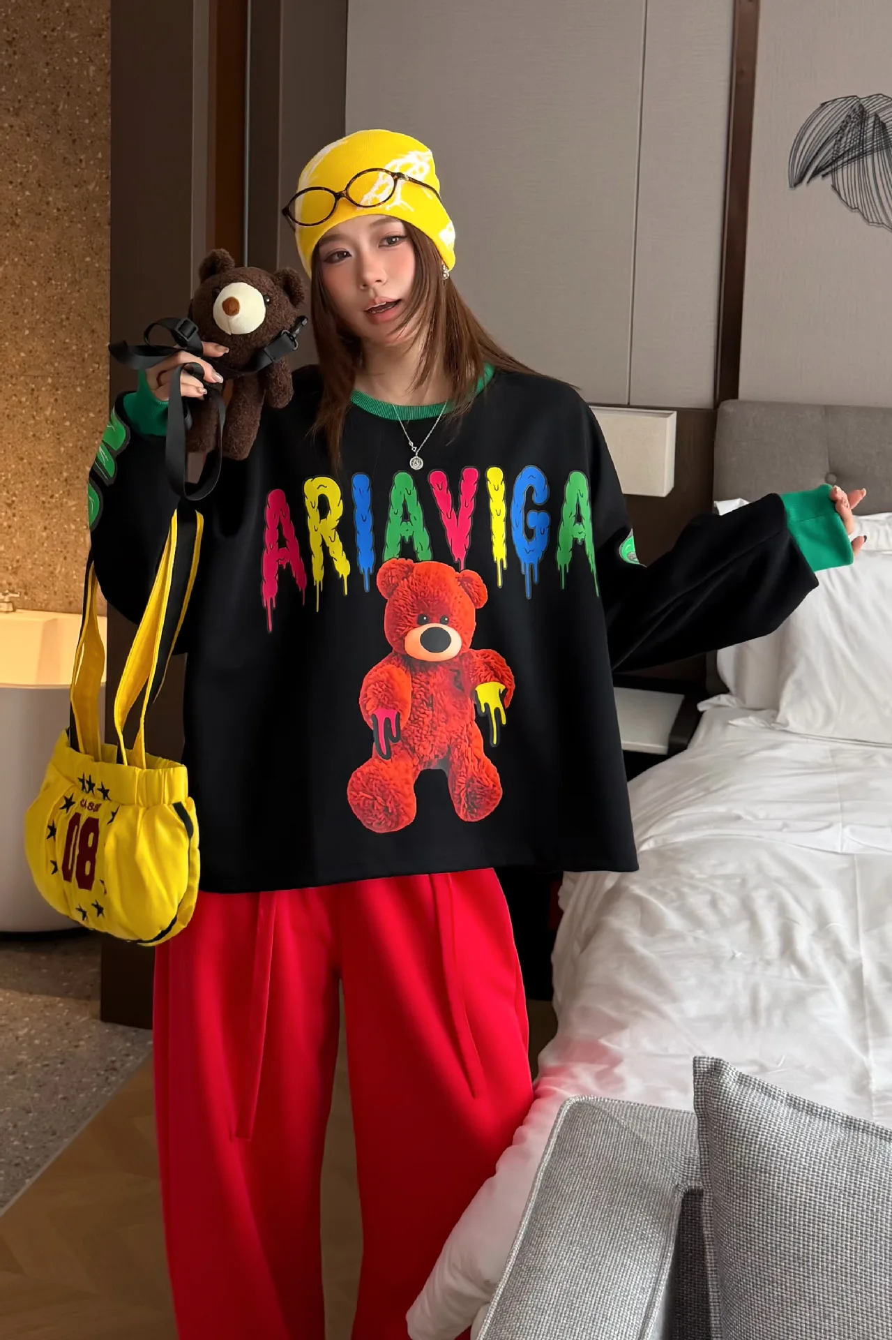 Cartoon Bear Print Oversized Pullovers Sweatshirts Woman 2026 Autumn Japanese Korean Fashion O Neck Tops Y2k Bust140cm Outwwears