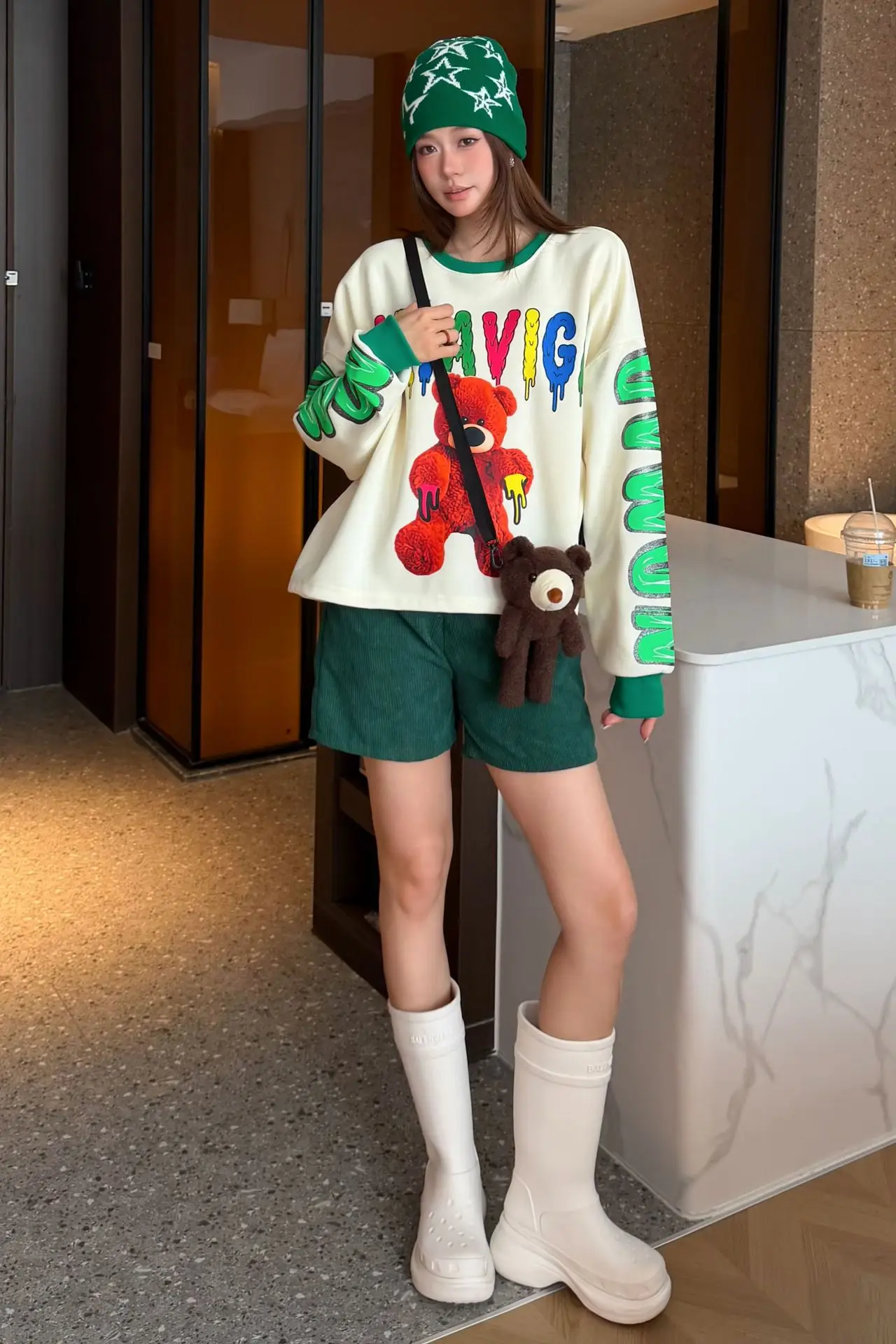 Cartoon Bear Print Oversized Pullovers Sweatshirts Woman 2026 Autumn Japanese Korean Fashion O Neck Tops Y2k Bust140cm Outwwears