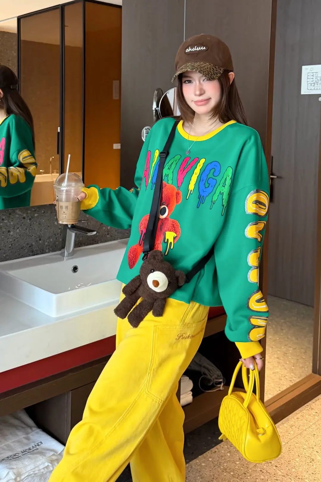 Cartoon Bear Print Oversized Pullovers Sweatshirts Woman 2026 Autumn Japanese Korean Fashion O Neck Tops Y2k Bust140cm Outwwears