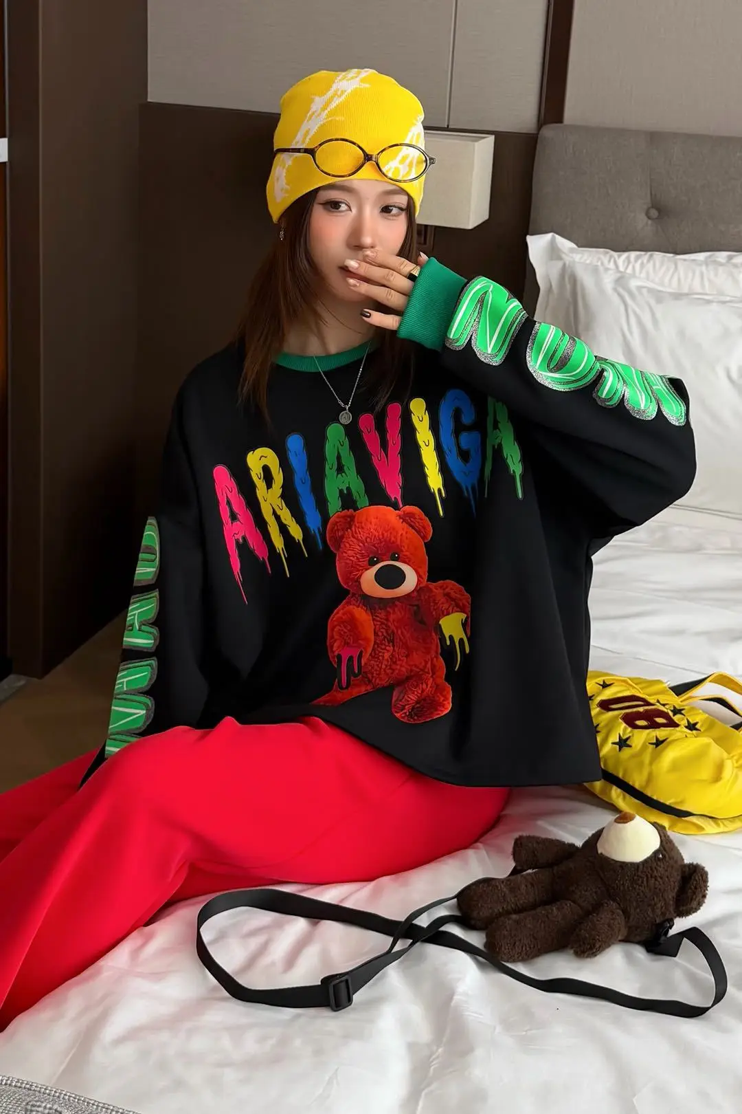 Cartoon Bear Print Oversized Pullovers Sweatshirts Woman 2026 Autumn Japanese Korean Fashion O Neck Tops Y2k Bust140cm Outwwears