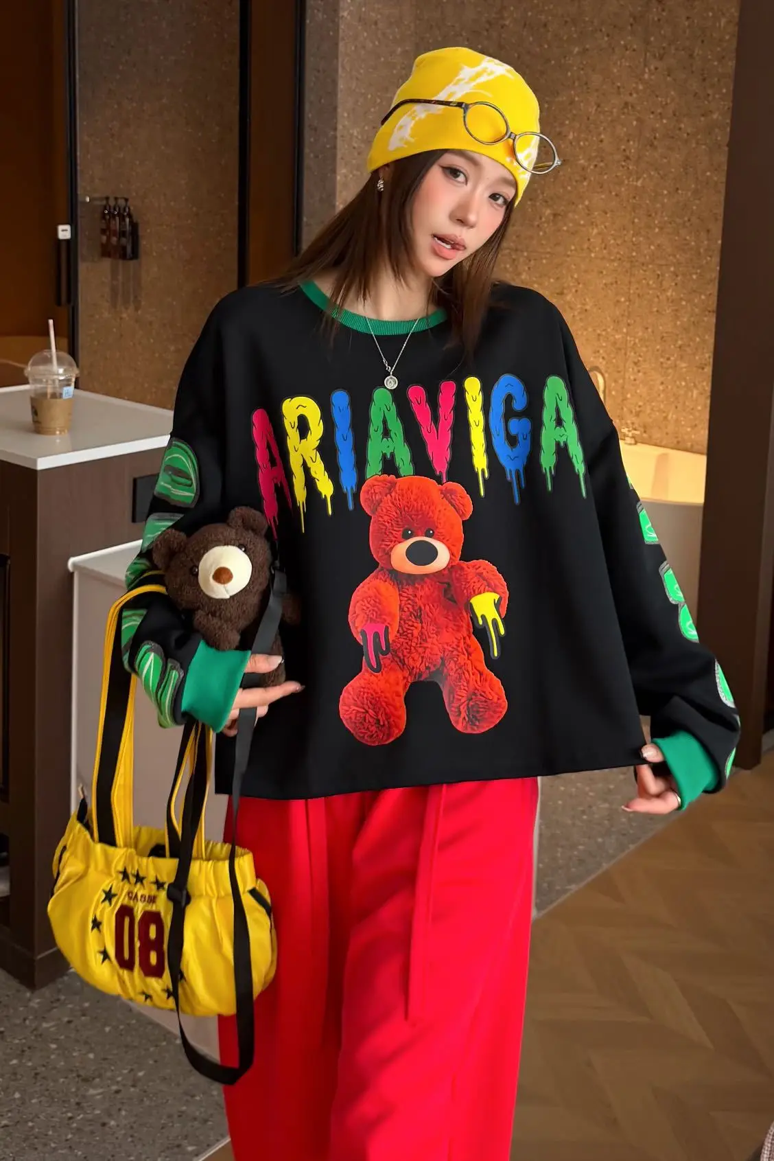 Cartoon Bear Print Oversized Pullovers Sweatshirts Woman 2026 Autumn Japanese Korean Fashion O Neck Tops Y2k Bust140cm Outwwears