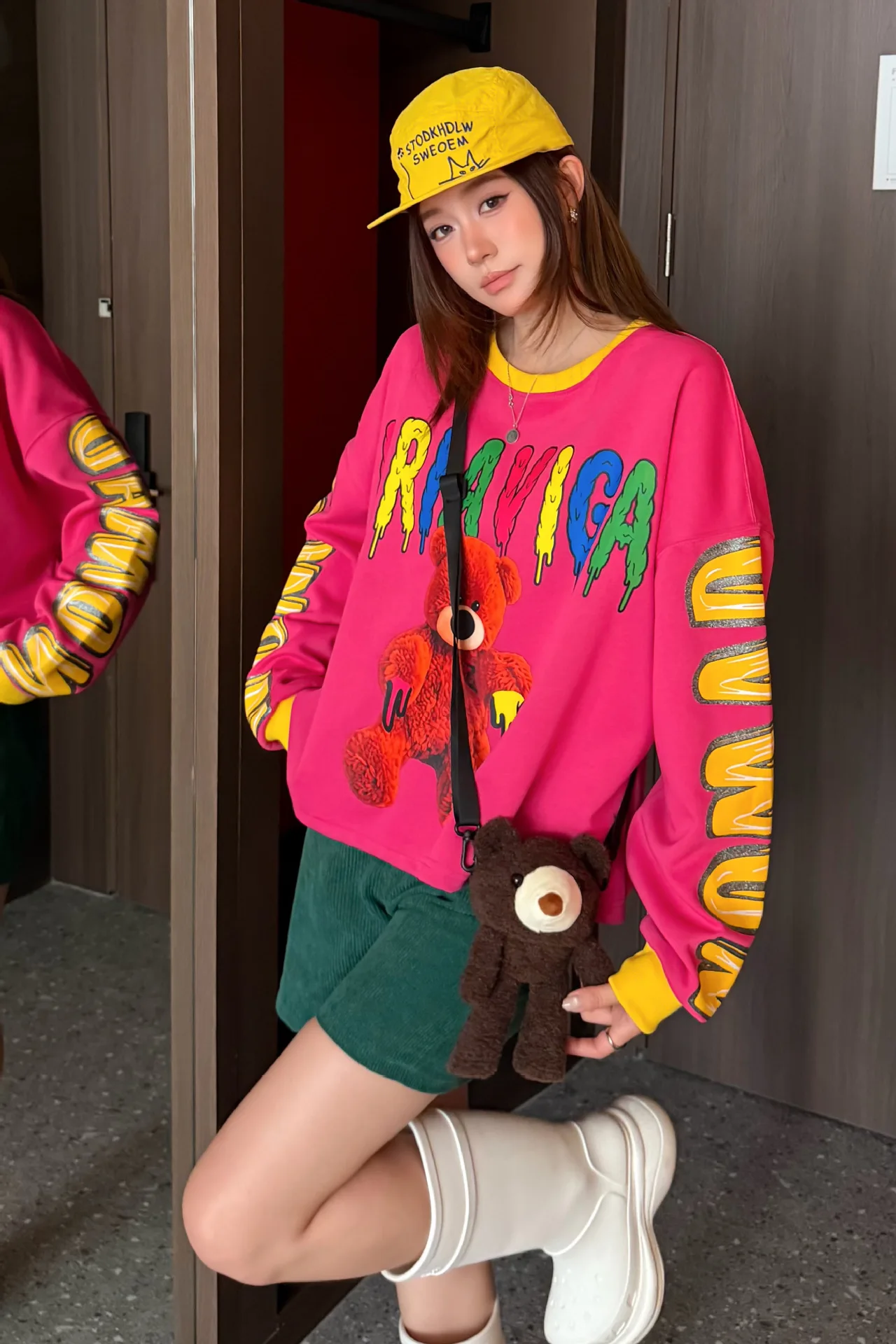 Cartoon Bear Print Oversized Pullovers Sweatshirts Woman 2026 Autumn Japanese Korean Fashion O Neck Tops Y2k Bust140cm Outwwears