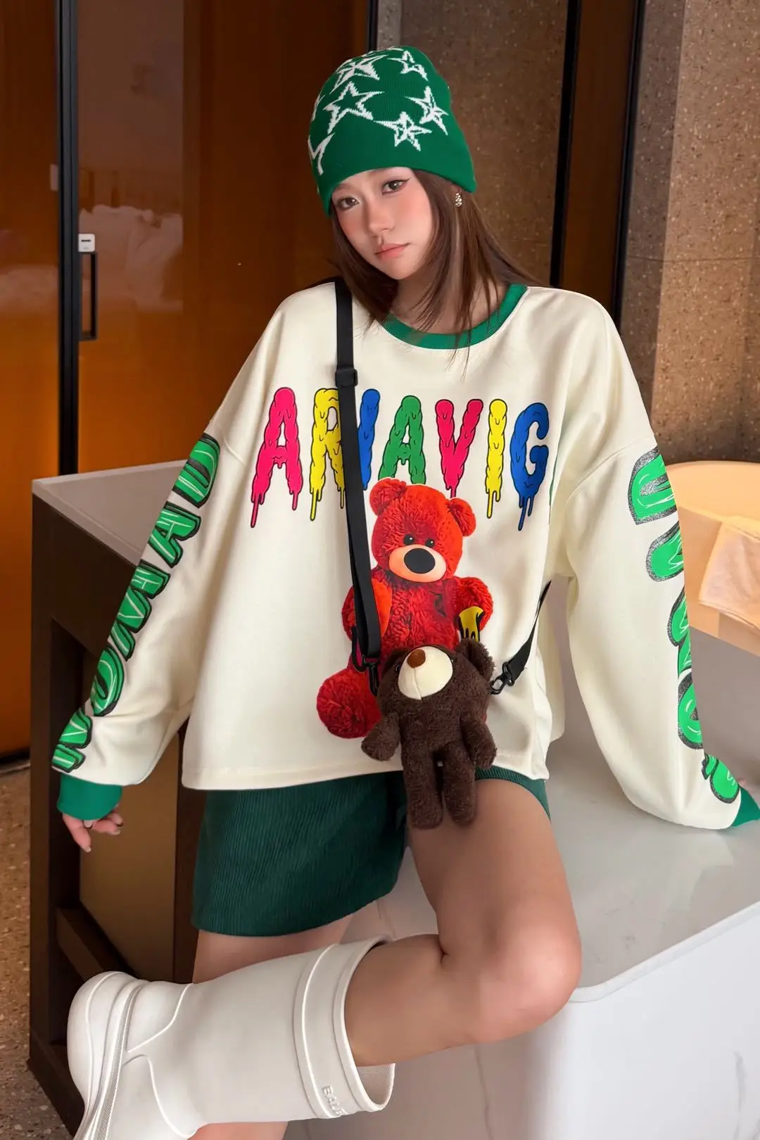 Cartoon Bear Print Oversized Pullovers Sweatshirts Woman 2026 Autumn Japanese Korean Fashion O Neck Tops Y2k Bust140cm Outwwears