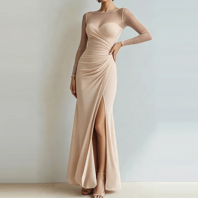 Sexy Mesh Splicing Solid Bodycon Dress Women's Casual Long Sleeved Ruched Prom Party Dress Elegant O-neck Split Slim Long Dress