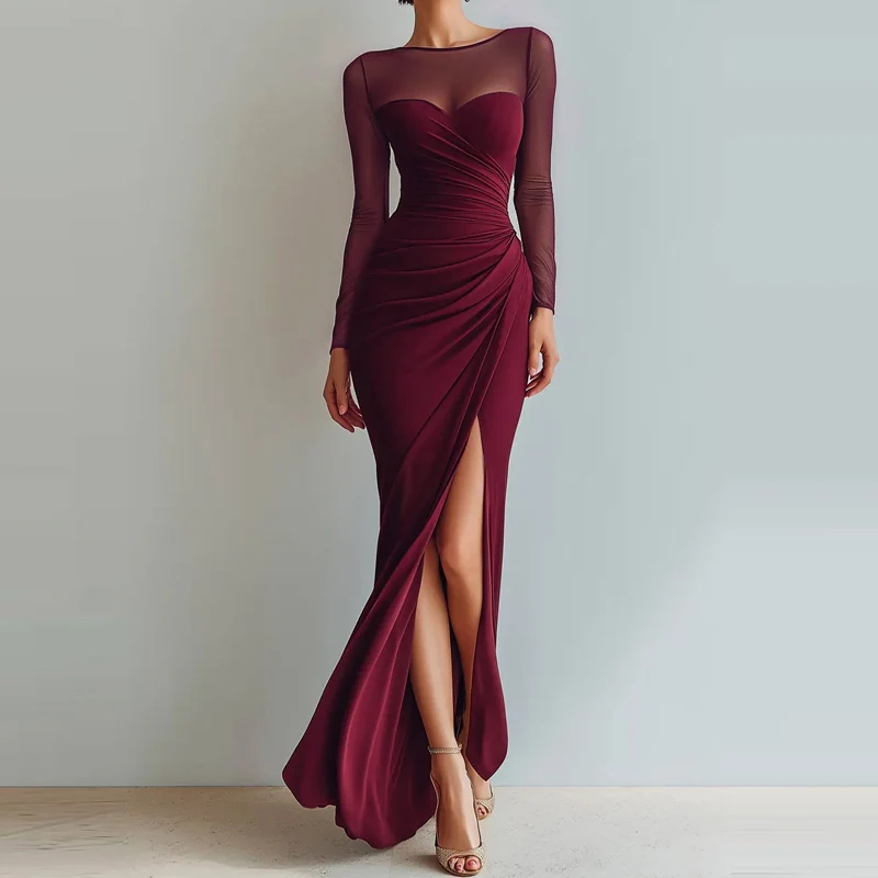 Sexy Mesh Splicing Solid Bodycon Dress Women's Casual Long Sleeved Ruched Prom Party Dress Elegant O-neck Split Slim Long Dress