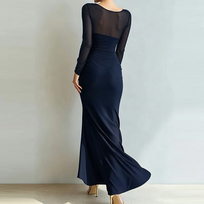 Sexy Mesh Splicing Solid Bodycon Dress Women's Casual Long Sleeved Ruched Prom Party Dress Elegant O-neck Split Slim Long Dress