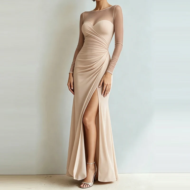 Sexy Mesh Splicing Solid Bodycon Dress Women's Casual Long Sleeved Ruched Prom Party Dress Elegant O-neck Split Slim Long Dress