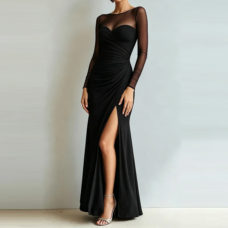 Sexy Mesh Splicing Solid Bodycon Dress Women's Casual Long Sleeved Ruched Prom Party Dress Elegant O-neck Split Slim Long Dress
