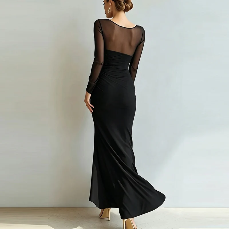 Sexy Mesh Splicing Solid Bodycon Dress Women's Casual Long Sleeved Ruched Prom Party Dress Elegant O-neck Split Slim Long Dress
