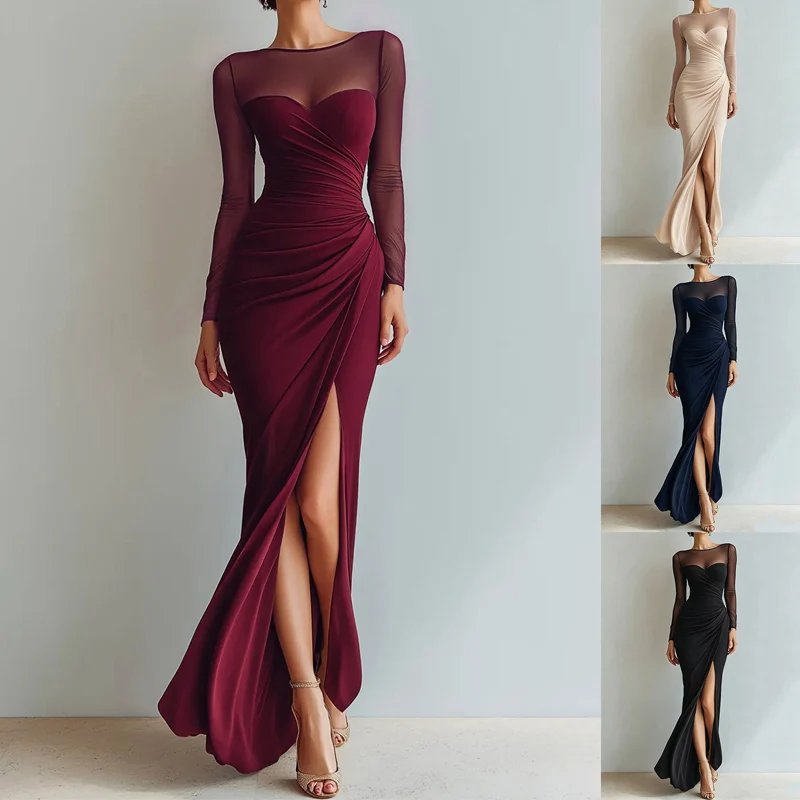 Sexy Mesh Splicing Solid Bodycon Dress Women's Casual Long Sleeved Ruched Prom Party Dress Elegant O-neck Split Slim Long Dress