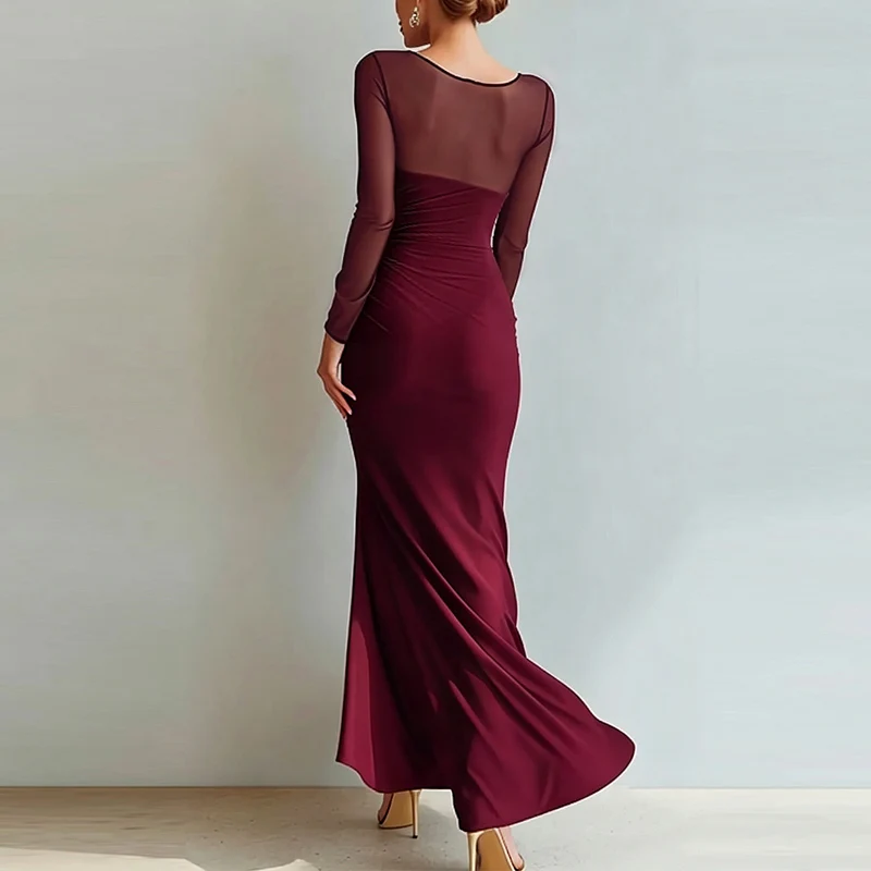 Sexy Mesh Splicing Solid Bodycon Dress Women's Casual Long Sleeved Ruched Prom Party Dress Elegant O-neck Split Slim Long Dress