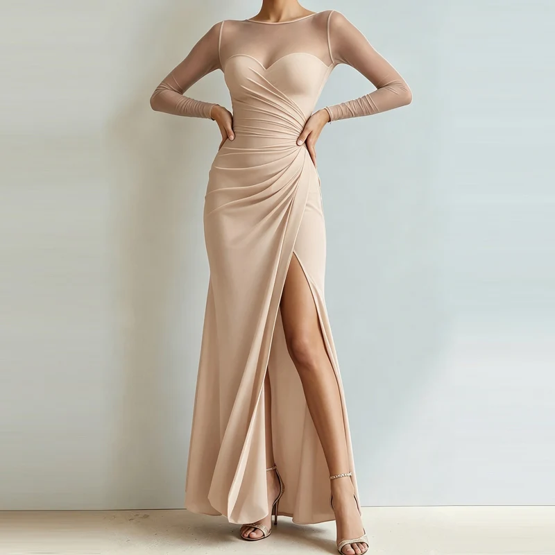 Sexy Mesh Splicing Solid Bodycon Dress Women's Casual Long Sleeved Ruched Prom Party Dress Elegant O-neck Split Slim Long Dress