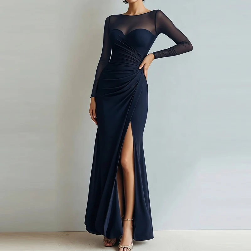 Sexy Mesh Splicing Solid Bodycon Dress Women's Casual Long Sleeved Ruched Prom Party Dress Elegant O-neck Split Slim Long Dress