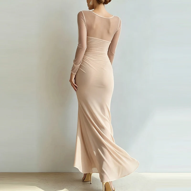 Sexy Mesh Splicing Solid Bodycon Dress Women's Casual Long Sleeved Ruched Prom Party Dress Elegant O-neck Split Slim Long Dress
