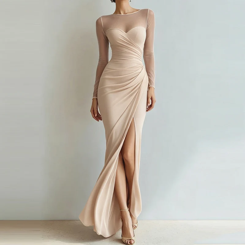 Sexy Mesh Splicing Solid Bodycon Dress Women's Casual Long Sleeved Ruched Prom Party Dress Elegant O-neck Split Slim Long Dress