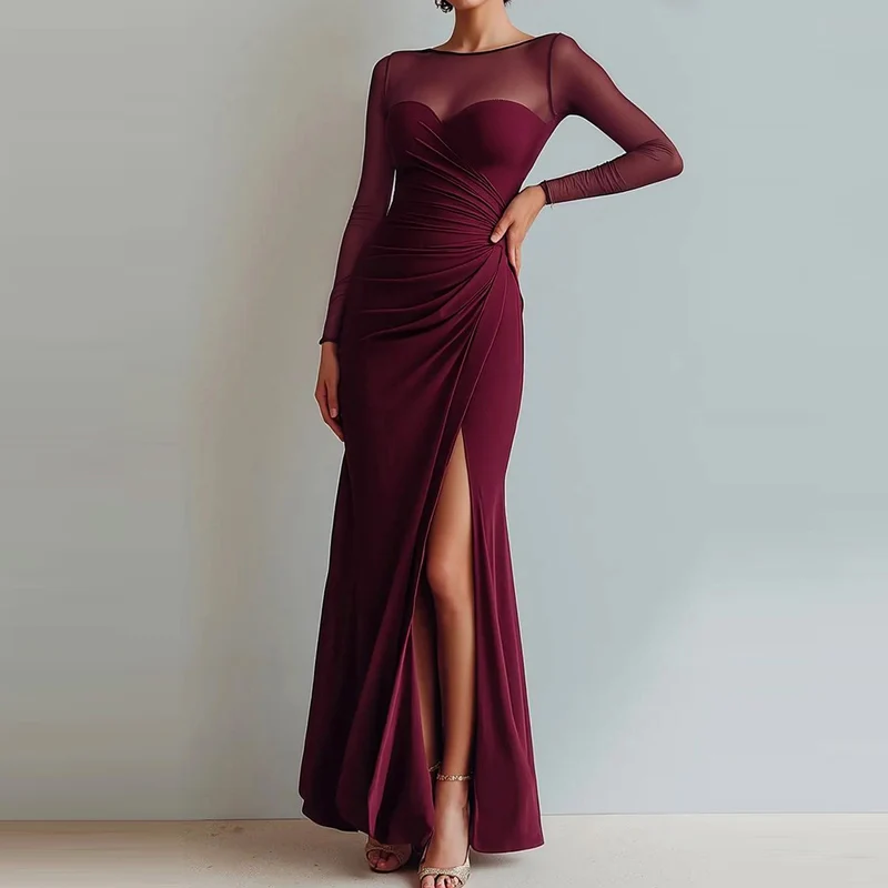Sexy Mesh Splicing Solid Bodycon Dress Women's Casual Long Sleeved Ruched Prom Party Dress Elegant O-neck Split Slim Long Dress