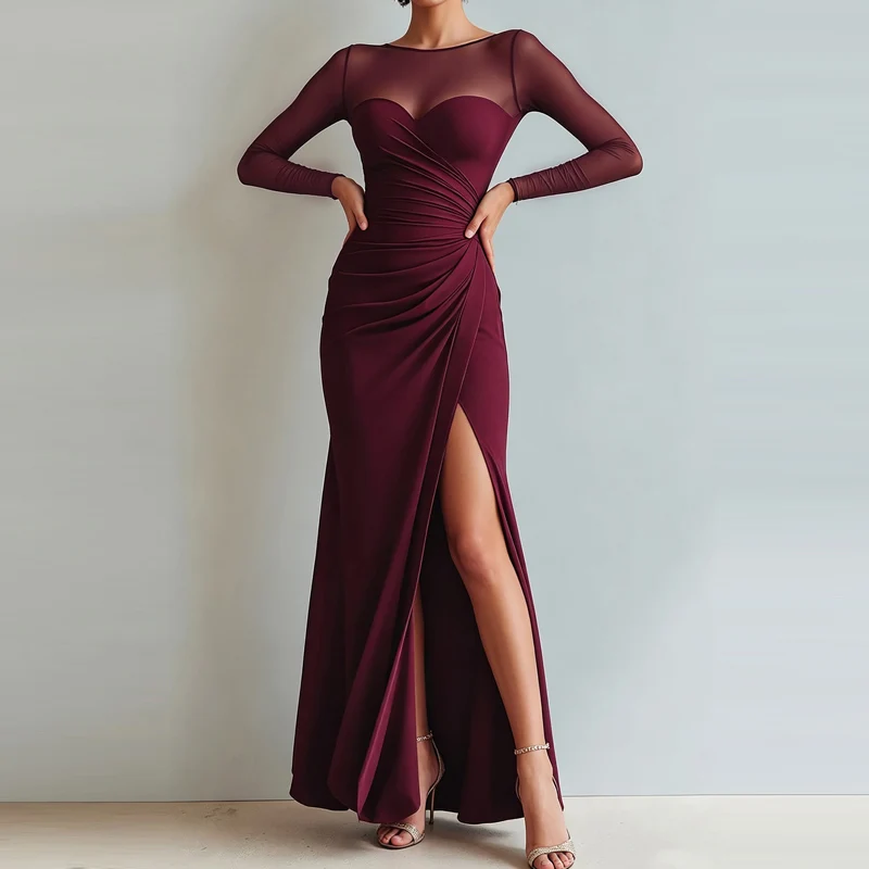 Sexy Mesh Splicing Solid Bodycon Dress Women's Casual Long Sleeved Ruched Prom Party Dress Elegant O-neck Split Slim Long Dress