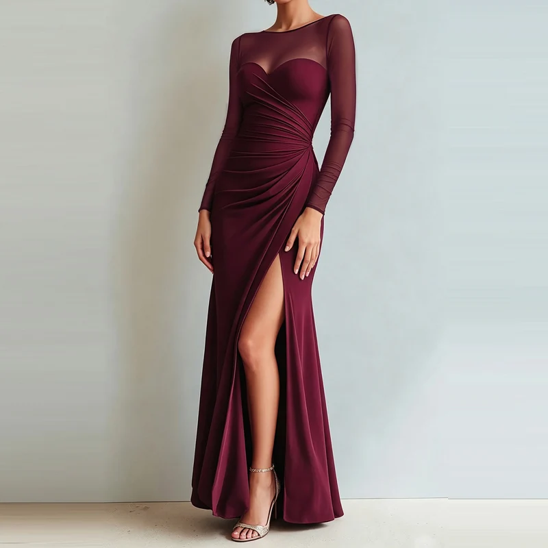 Sexy Mesh Splicing Solid Bodycon Dress Women's Casual Long Sleeved Ruched Prom Party Dress Elegant O-neck Split Slim Long Dress