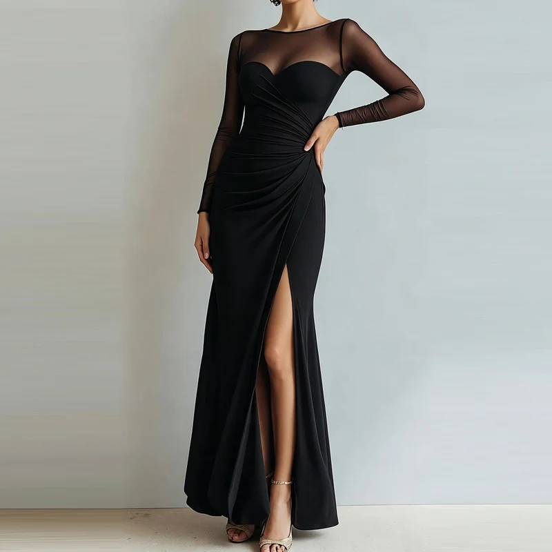 Sexy Mesh Splicing Solid Bodycon Dress Women's Casual Long Sleeved Ruched Prom Party Dress Elegant O-neck Split Slim Long Dress