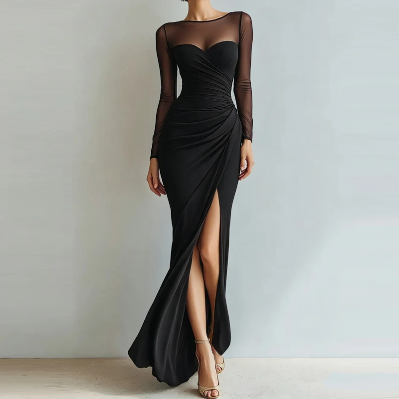 Sexy Mesh Splicing Solid Bodycon Dress Women's Casual Long Sleeved Ruched Prom Party Dress Elegant O-neck Split Slim Long Dress
