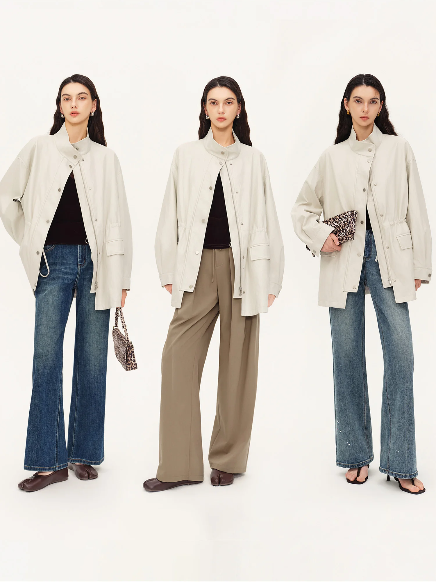 ZIQIAO 2026 Autumn Women White PU Leather Jacket H-Line Stand Collar Waist Cinching Utility Casual Streetwear Outerwear New Coat