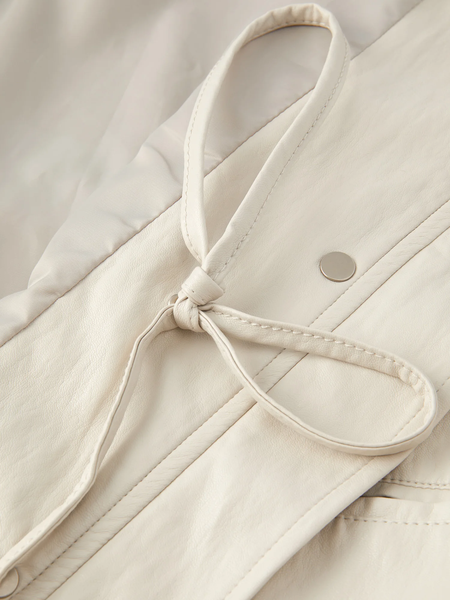 ZIQIAO 2026 Autumn Women White PU Leather Jacket H-Line Stand Collar Waist Cinching Utility Casual Streetwear Outerwear New Coat