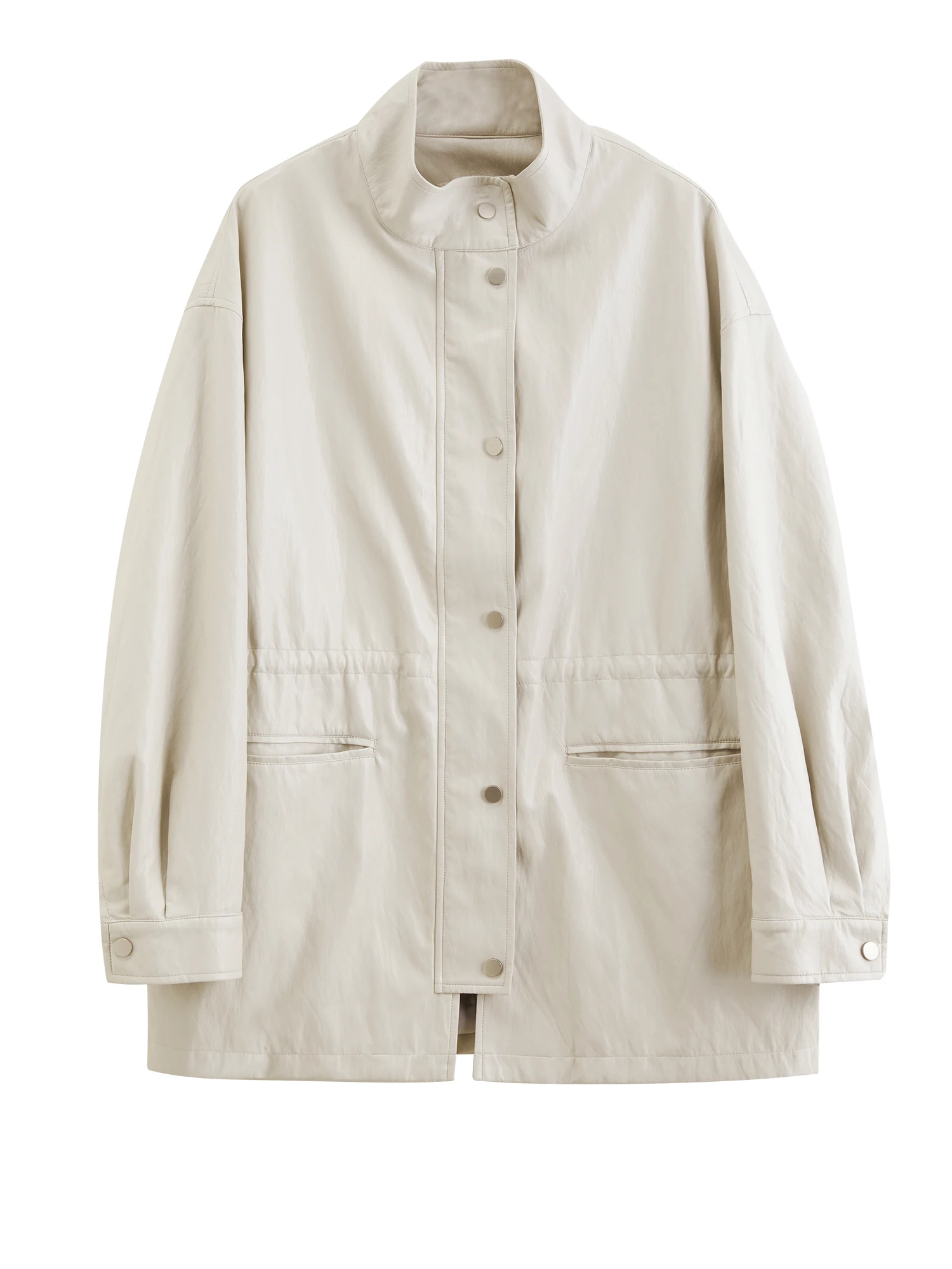 ZIQIAO 2026 Autumn Women White PU Leather Jacket H-Line Stand Collar Waist Cinching Utility Casual Streetwear Outerwear New Coat