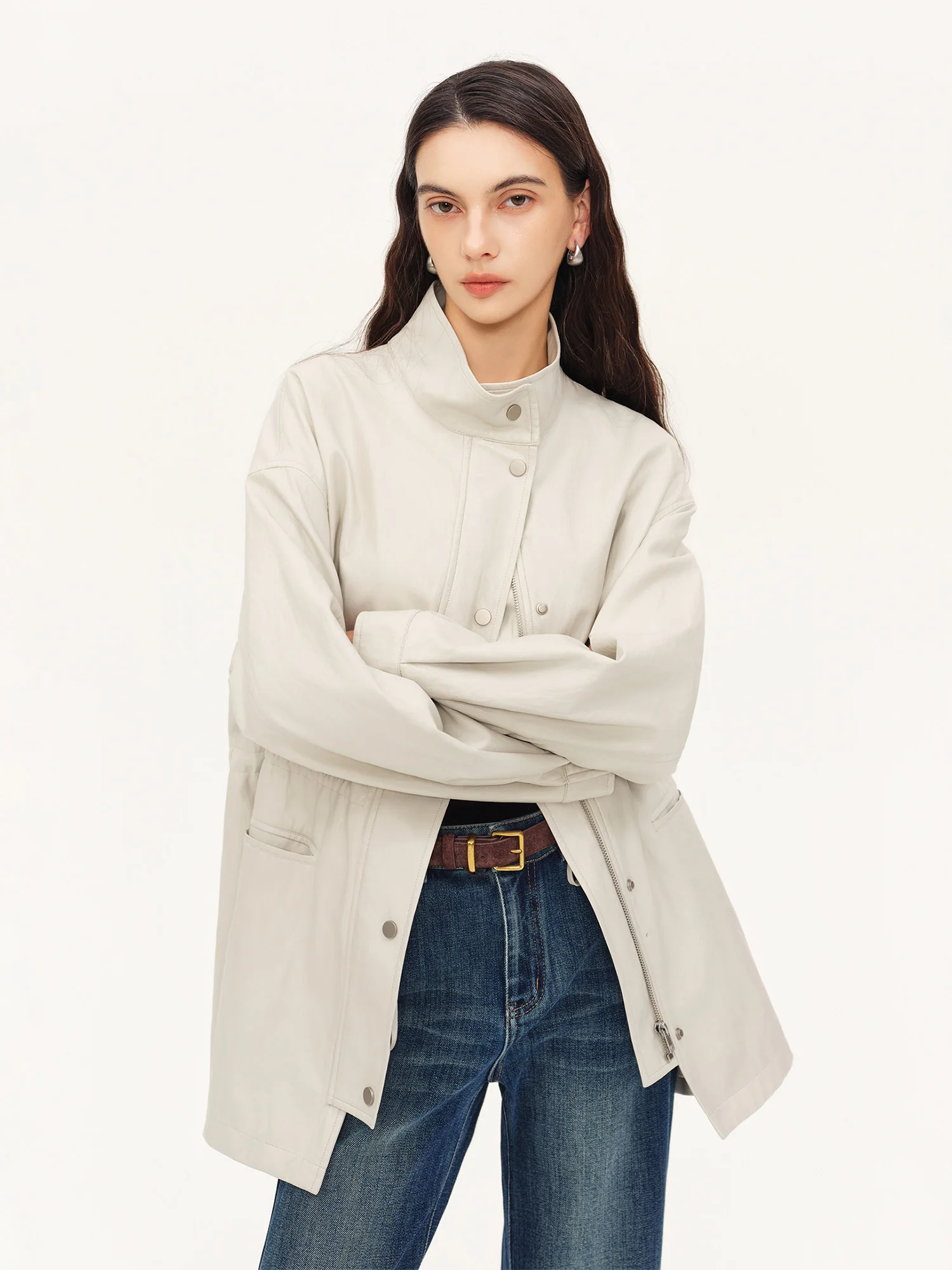 ZIQIAO 2026 Autumn Women White PU Leather Jacket H-Line Stand Collar Waist Cinching Utility Casual Streetwear Outerwear New Coat
