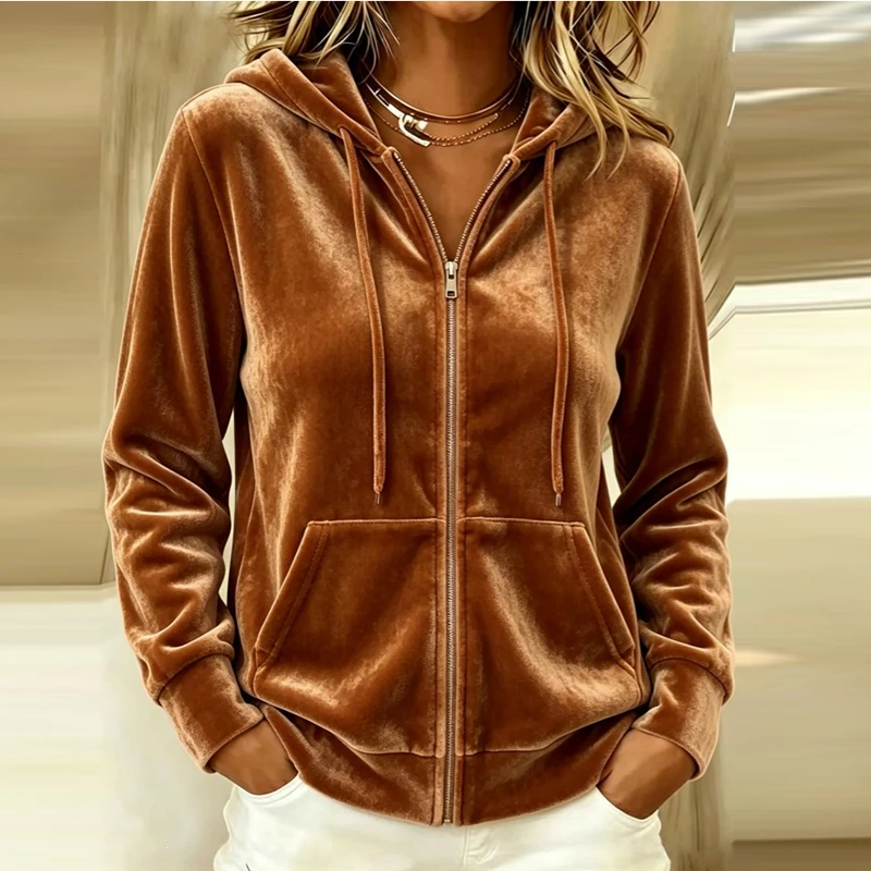 Autumn Winter Hooded Sweatshirts Women Casual Velvet Pocket Coat Women Fashion Long Sleeve Zipper Jacket Lady Sweatshirts