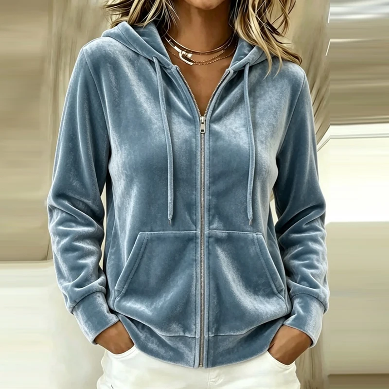 Autumn Winter Hooded Sweatshirts Women Casual Velvet Pocket Coat Women Fashion Long Sleeve Zipper Jacket Lady Sweatshirts