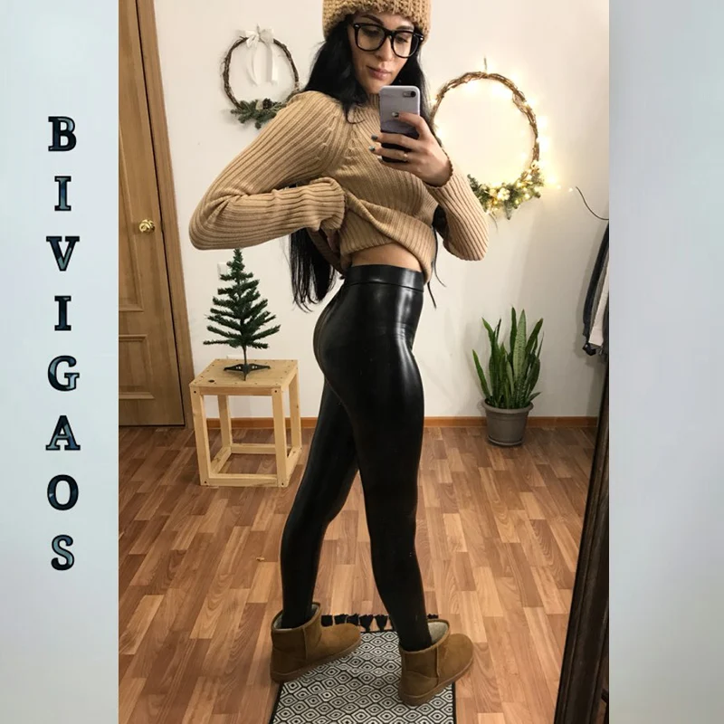 BIVIGAOS Women Autumn Black PU Leather Legging Pants Velvet Thick Warm Leggings Slim Sexy Push Up Leggings Skinny Trousers Women