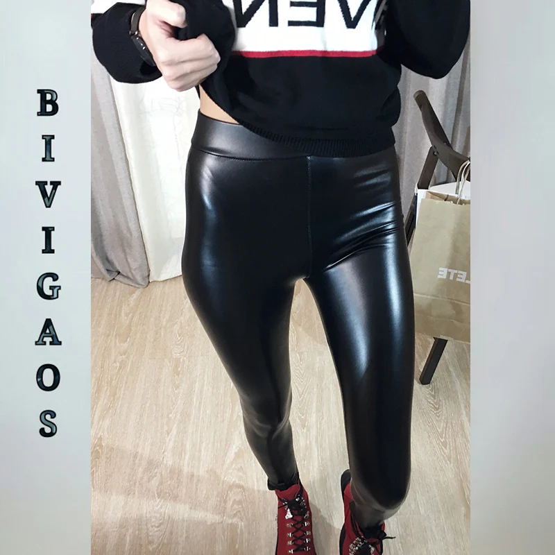 BIVIGAOS Women Autumn Black PU Leather Legging Pants Velvet Thick Warm Leggings Slim Sexy Push Up Leggings Skinny Trousers Women
