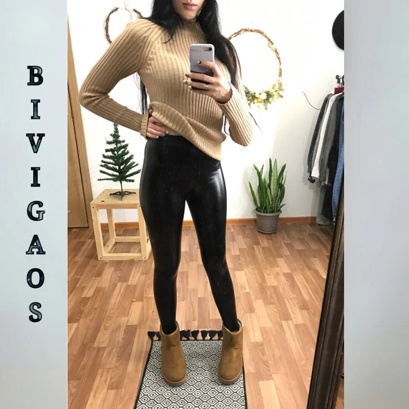 BIVIGAOS Women Autumn Black PU Leather Legging Pants Velvet Thick Warm Leggings Slim Sexy Push Up Leggings Skinny Trousers Women