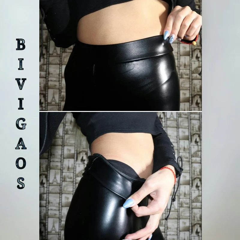 BIVIGAOS Women Autumn Black PU Leather Legging Pants Velvet Thick Warm Leggings Slim Sexy Push Up Leggings Skinny Trousers Women