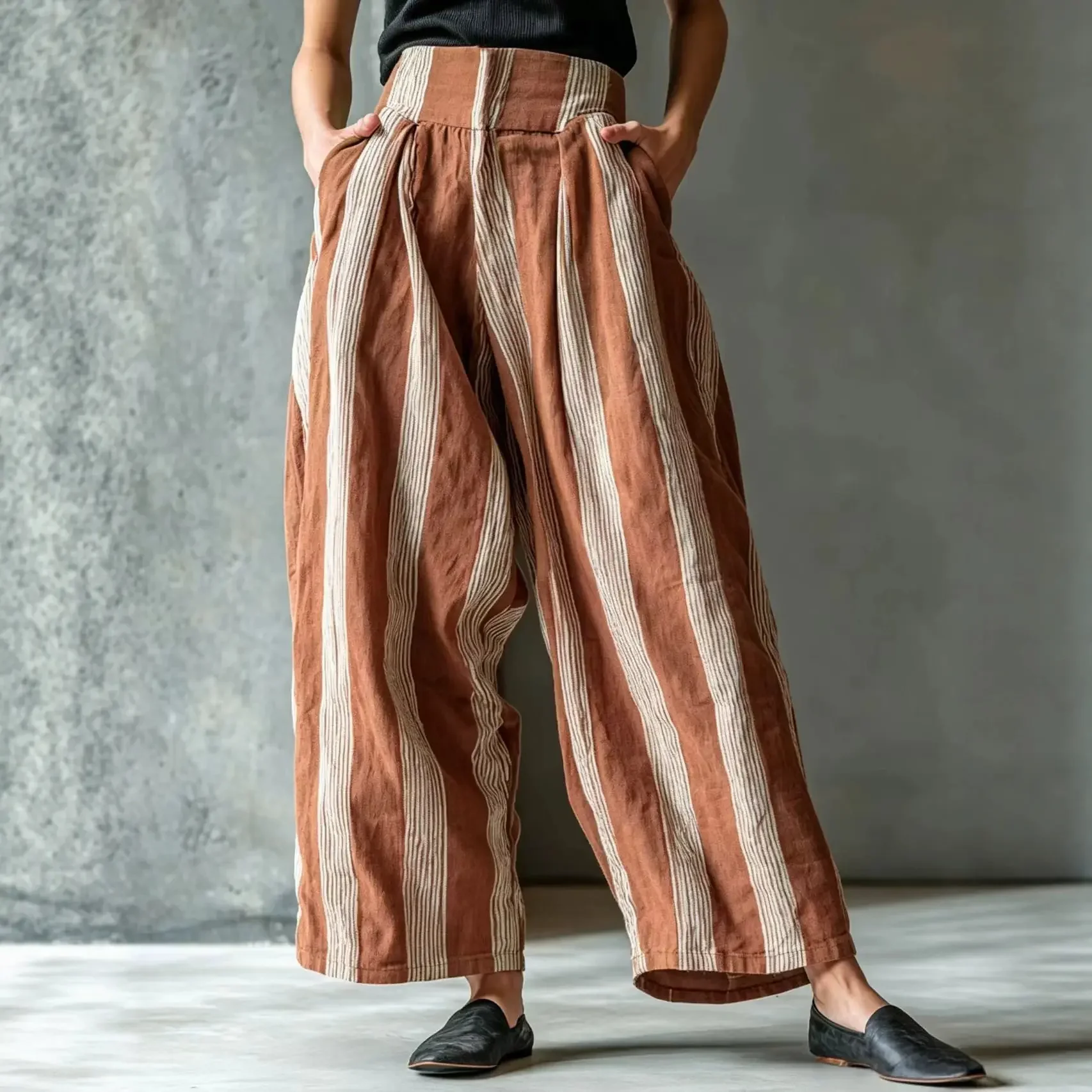 Women Stripe Linen Harem Pants High Waist Pleated Loose Wide Leg Trousers Boho Casual Baggy Palazzo Pants Pantalones De Mujer