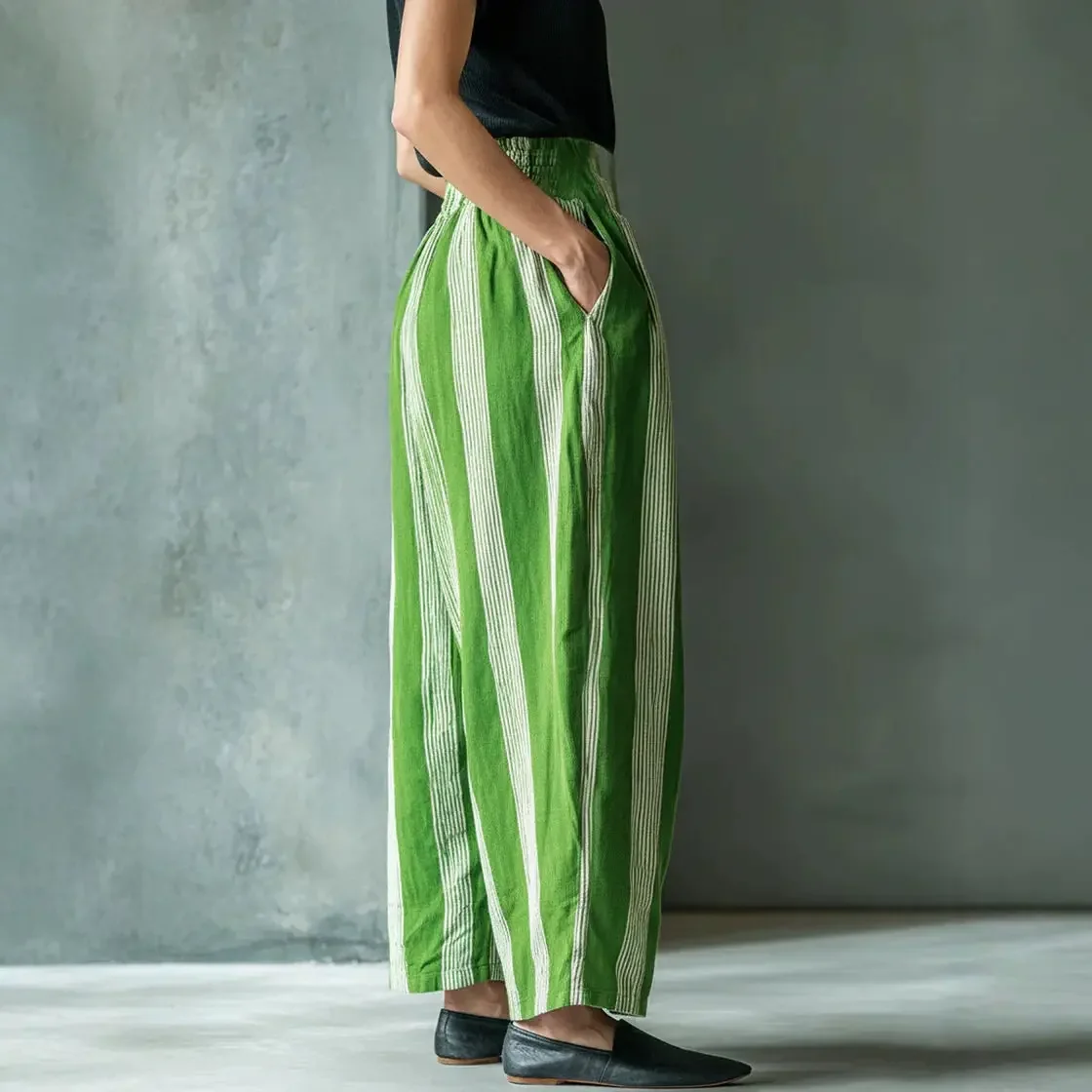 Women Stripe Linen Harem Pants High Waist Pleated Loose Wide Leg Trousers Boho Casual Baggy Palazzo Pants Pantalones De Mujer