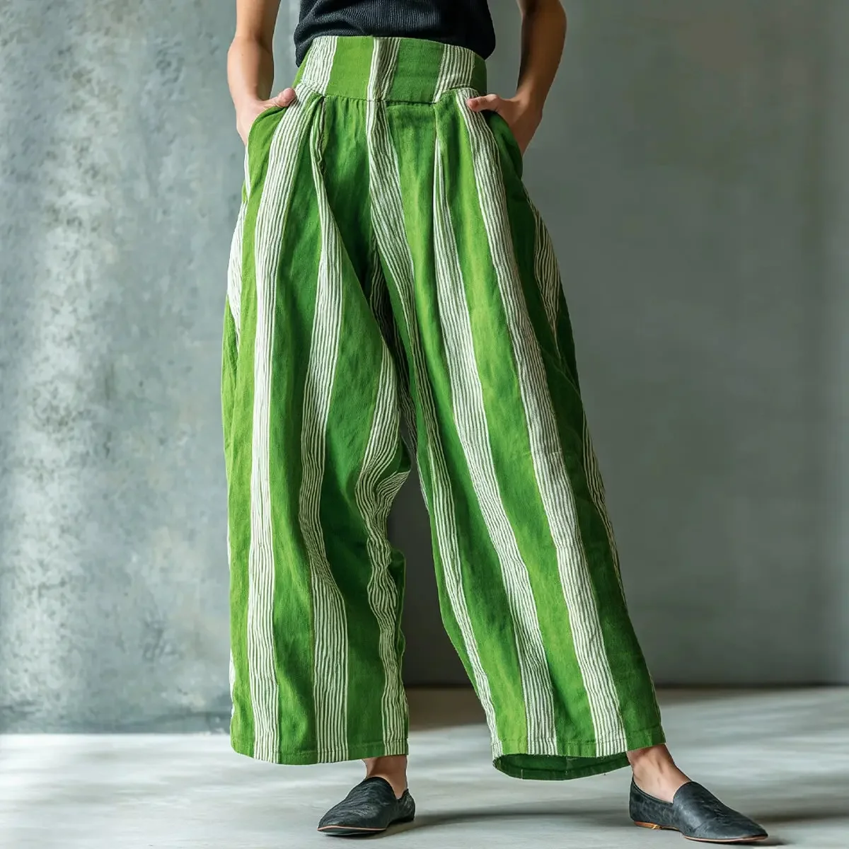 Women Stripe Linen Harem Pants High Waist Pleated Loose Wide Leg Trousers Boho Casual Baggy Palazzo Pants Pantalones De Mujer