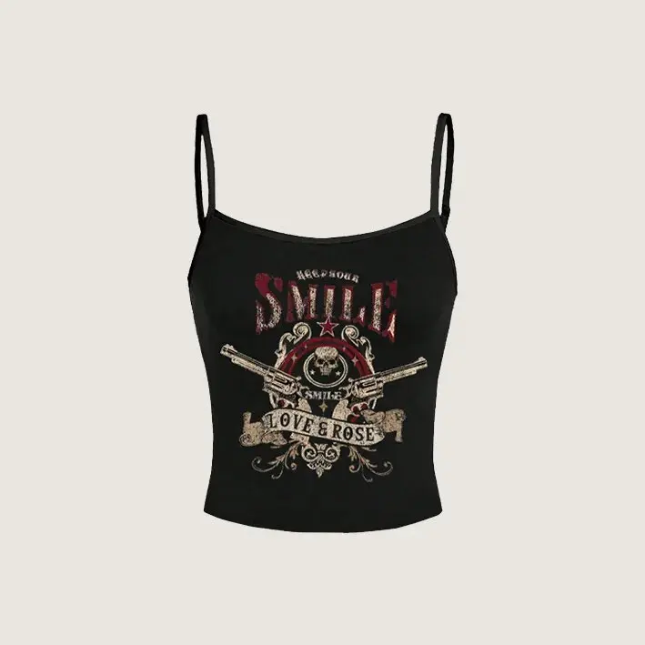 Women Gothic Skull Crossbones Print Cami Tank Top, Y2K Alt Subculture Sleeveless Spaghetti Strap Slim Camisole Summer Inner