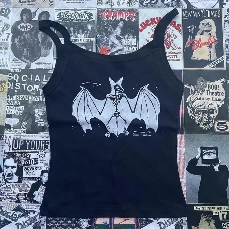 Women Gothic Skull Crossbones Print Cami Tank Top, Y2K Alt Subculture Sleeveless Spaghetti Strap Slim Camisole Summer Inner