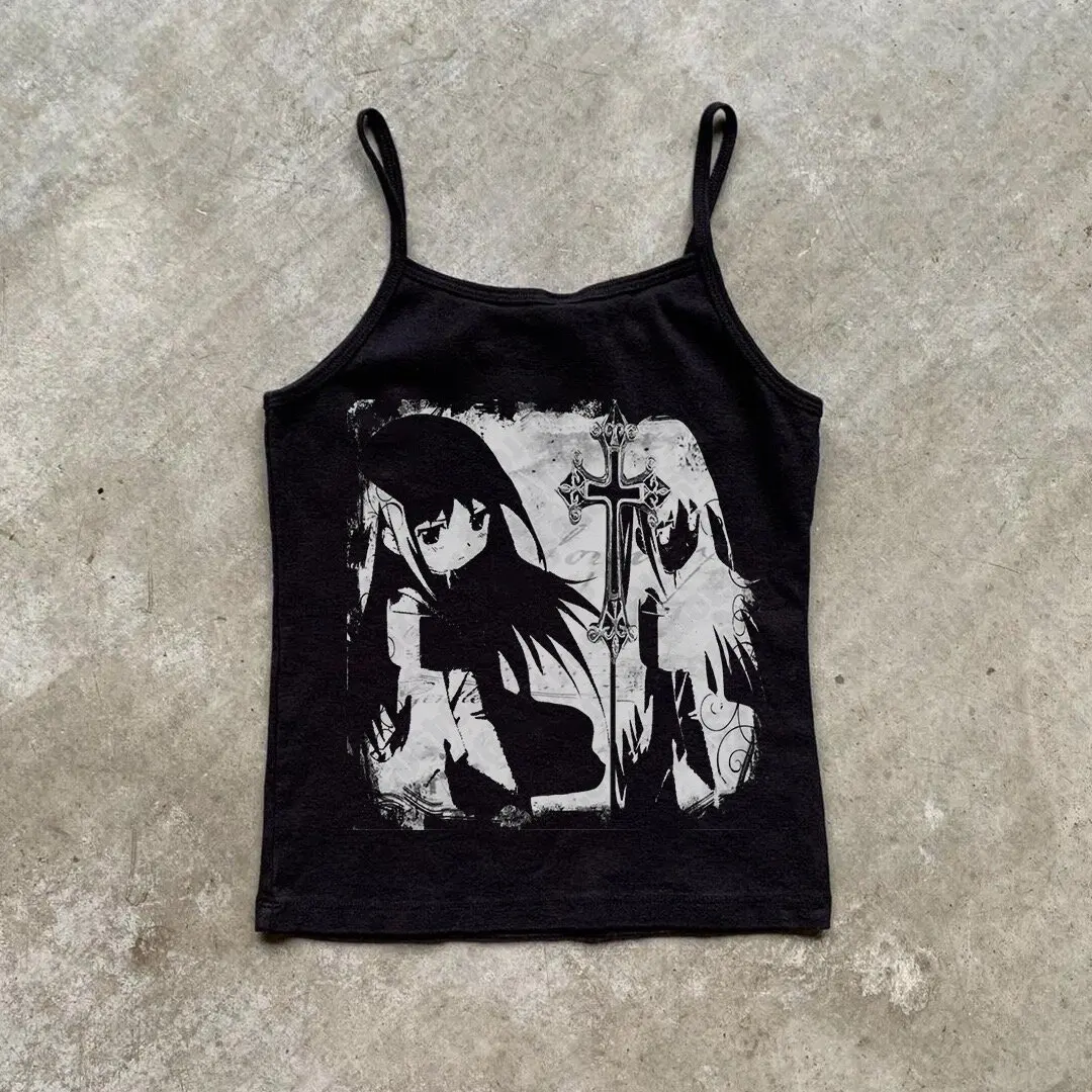 Women Gothic Skull Crossbones Print Cami Tank Top, Y2K Alt Subculture Sleeveless Spaghetti Strap Slim Camisole Summer Inner