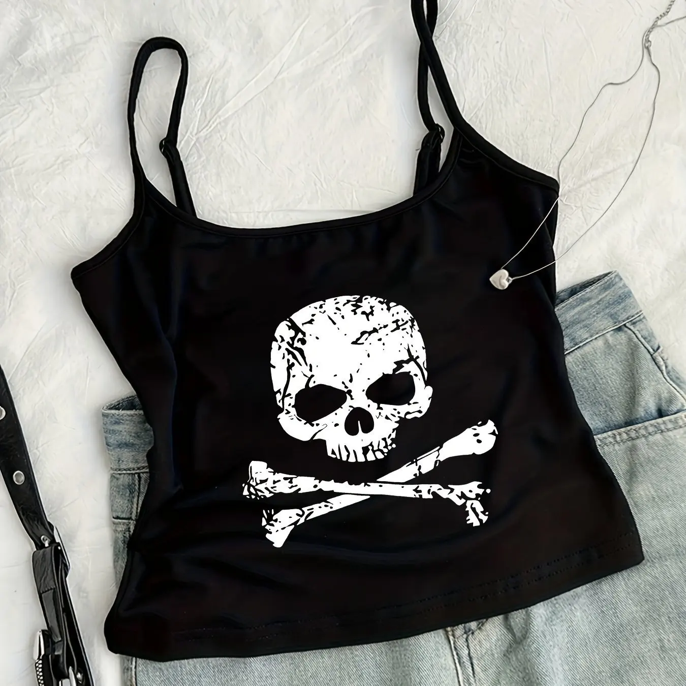 Women Gothic Skull Crossbones Print Cami Tank Top, Y2K Alt Subculture Sleeveless Spaghetti Strap Slim Camisole Summer Inner