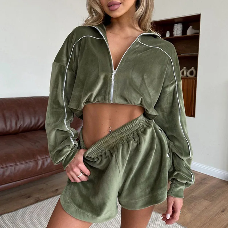 Simple Solid Long Sleeved Sports Suit Casual Zipper Cardigan+Shorts 2pc Set Fashion Striped Stand Up Collar Waist Cinch Home Set
