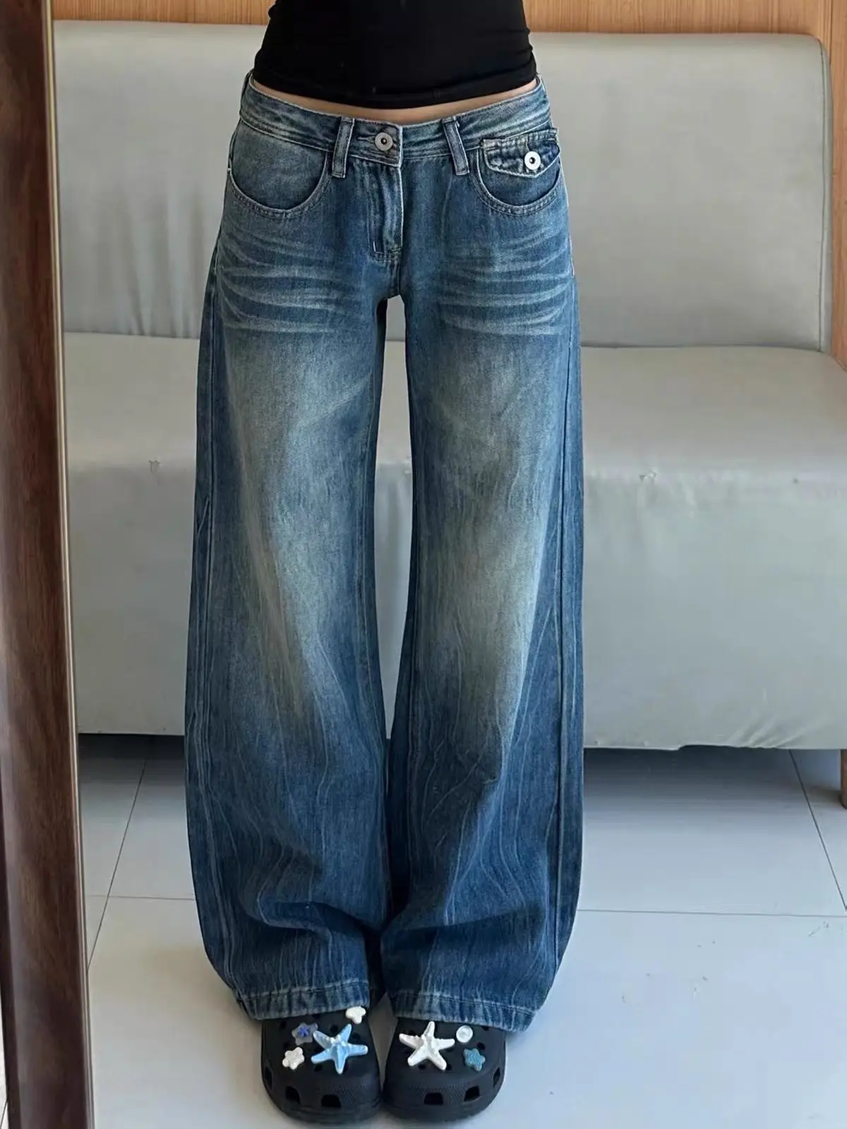 Low Waist Straight Wide Leg Jeans Women Autumn New Washed Draped Slim Retro Streetwear Denim Pants