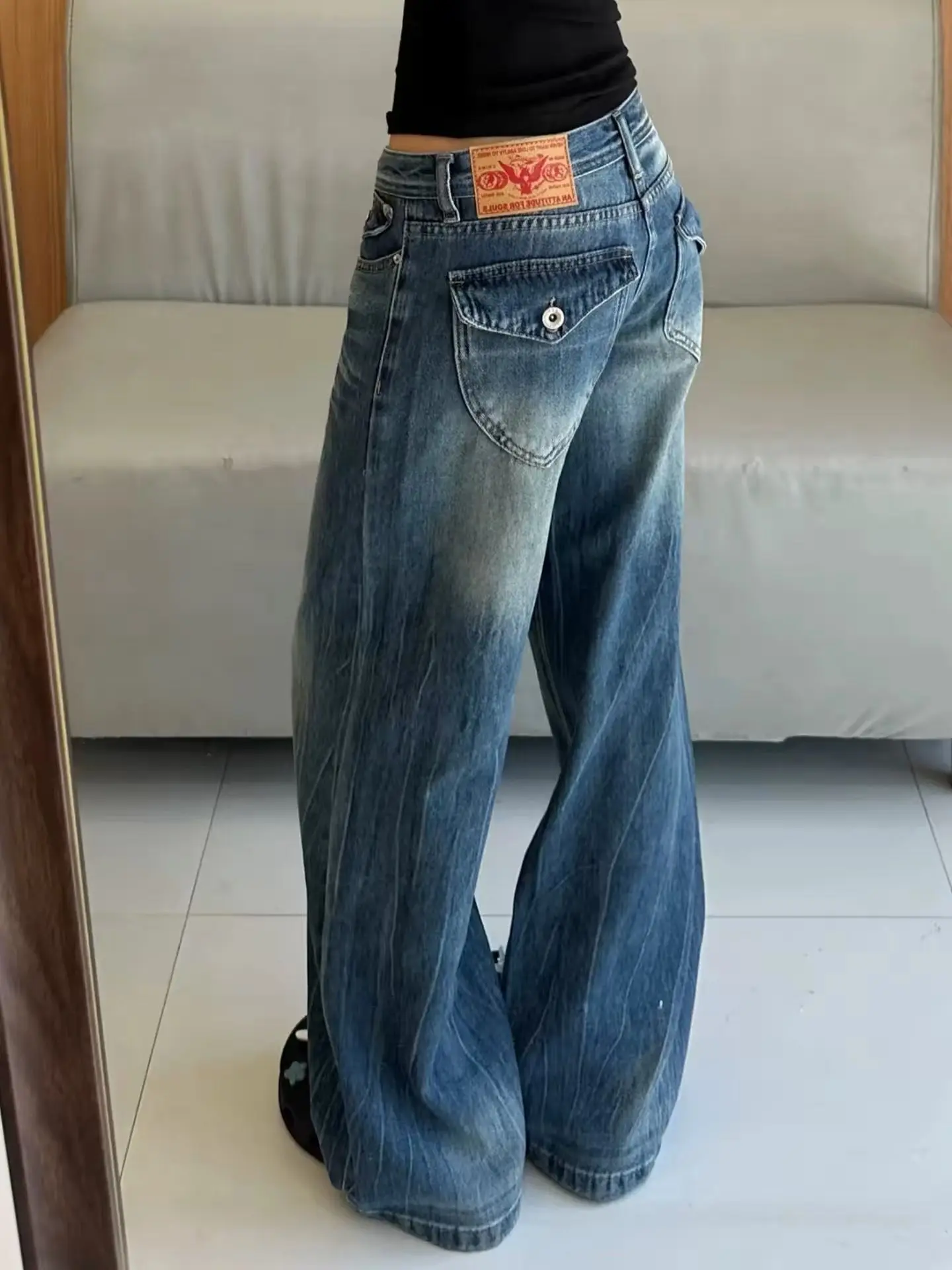 Low Waist Straight Wide Leg Jeans Women Autumn New Washed Draped Slim Retro Streetwear Denim Pants