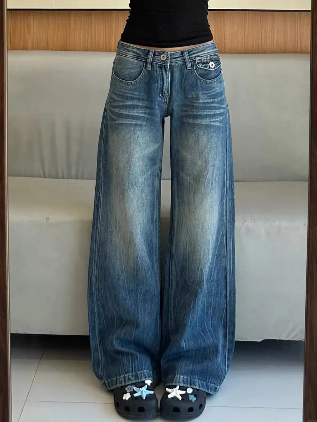 Low Waist Straight Wide Leg Jeans Women Autumn New Washed Draped Slim Retro Streetwear Denim Pants